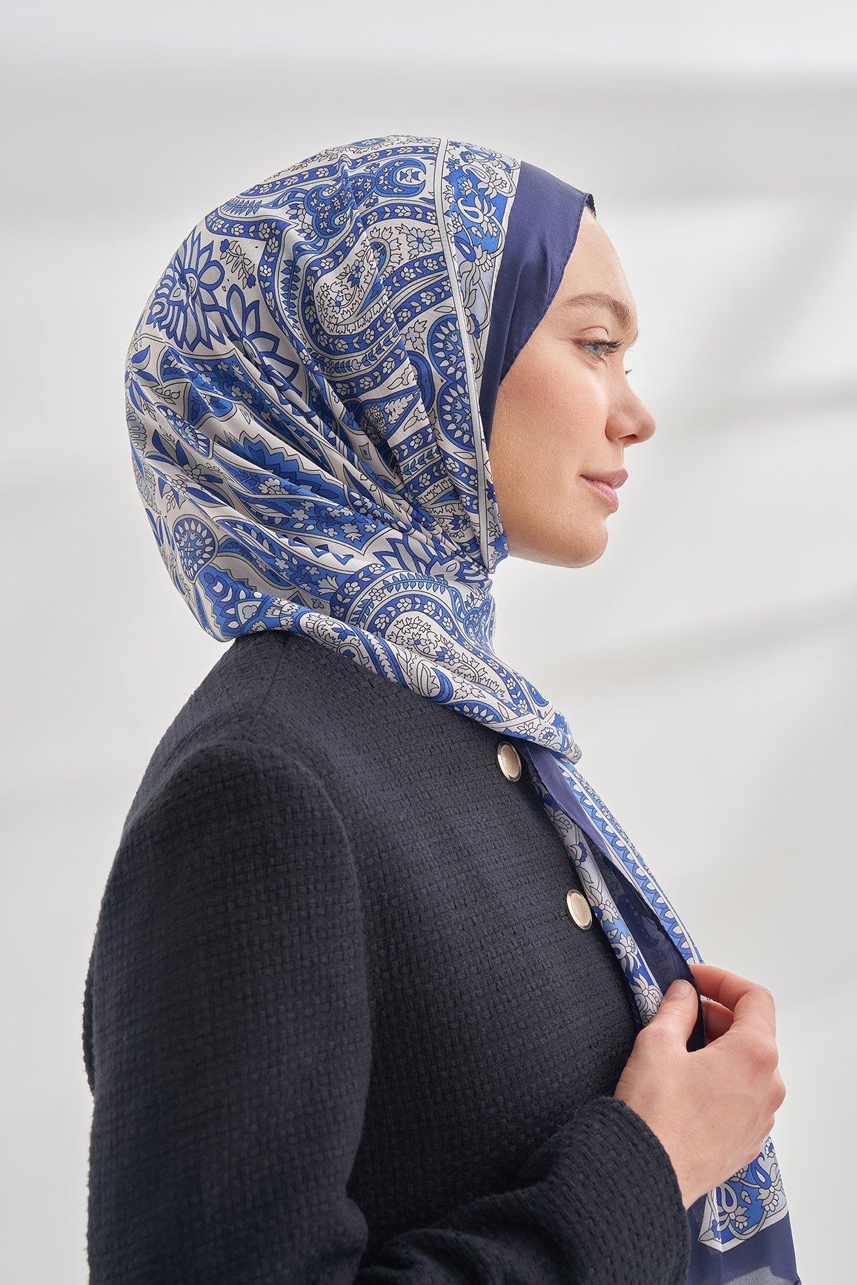 Armanda Özel Seri Etnik Desen Şal 6035-Lacivert-Saks