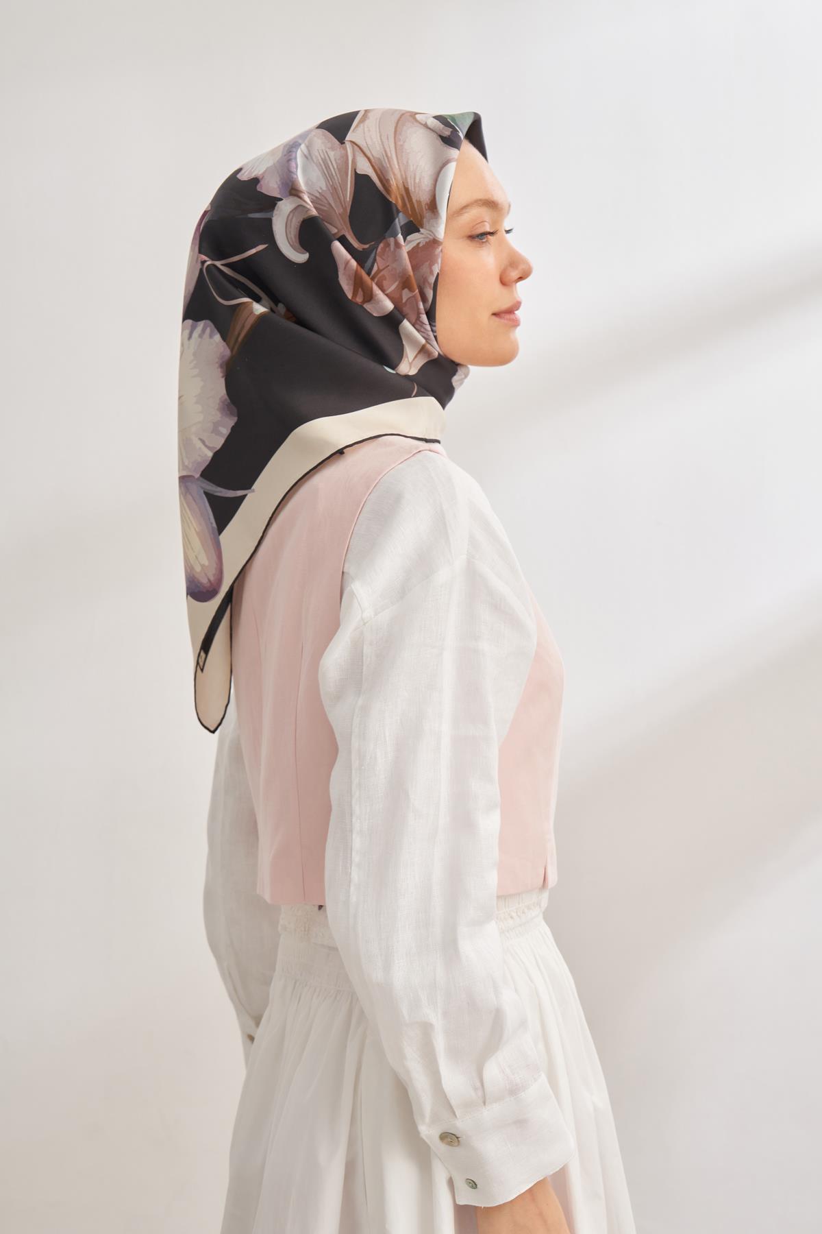 Armanda Rosie DesenTivil İpek Eşarp 4315-Siyah