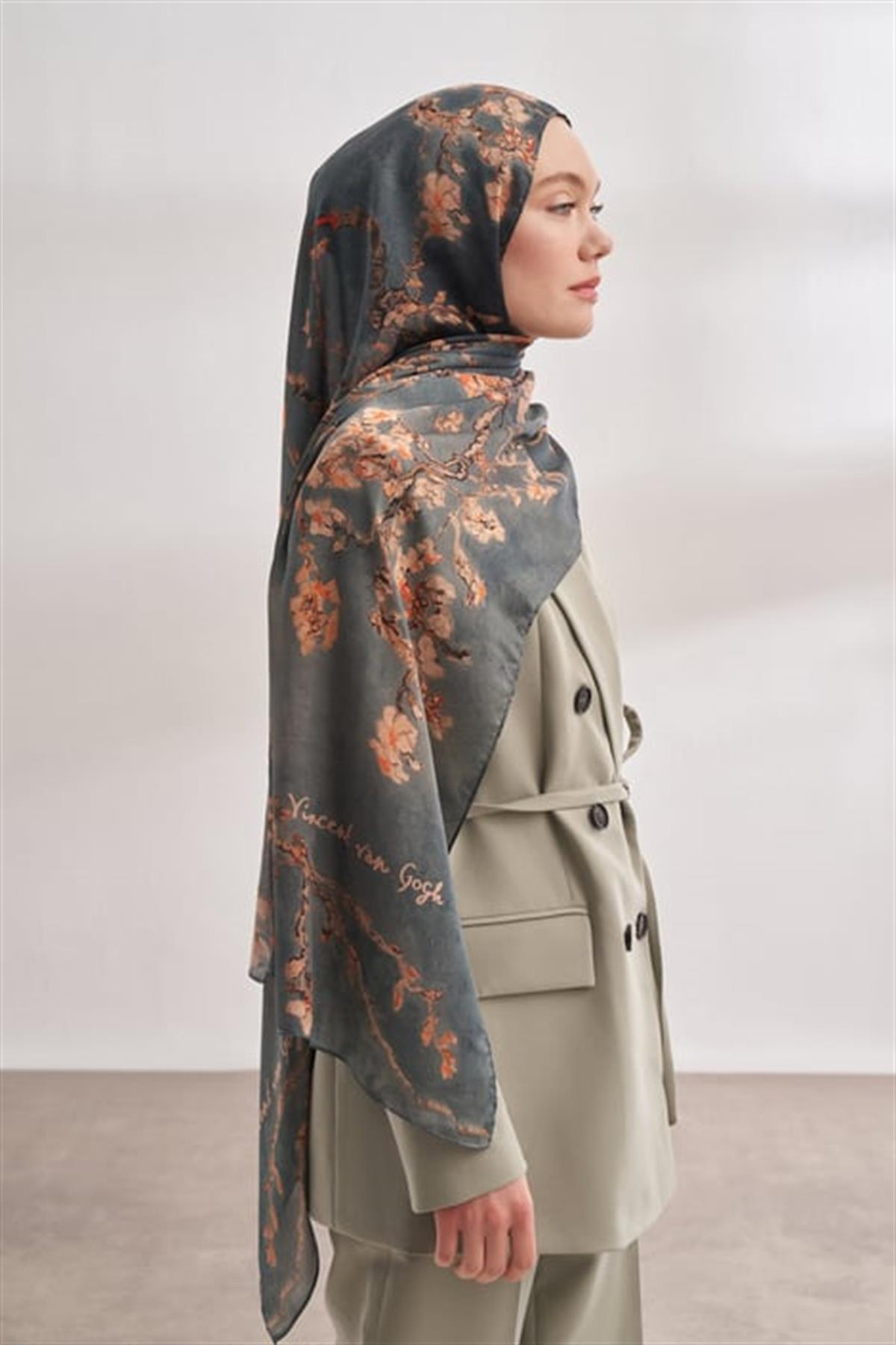 Armanda Vual Almond Bloom Desen Şal 04464-Sis Mavisi
