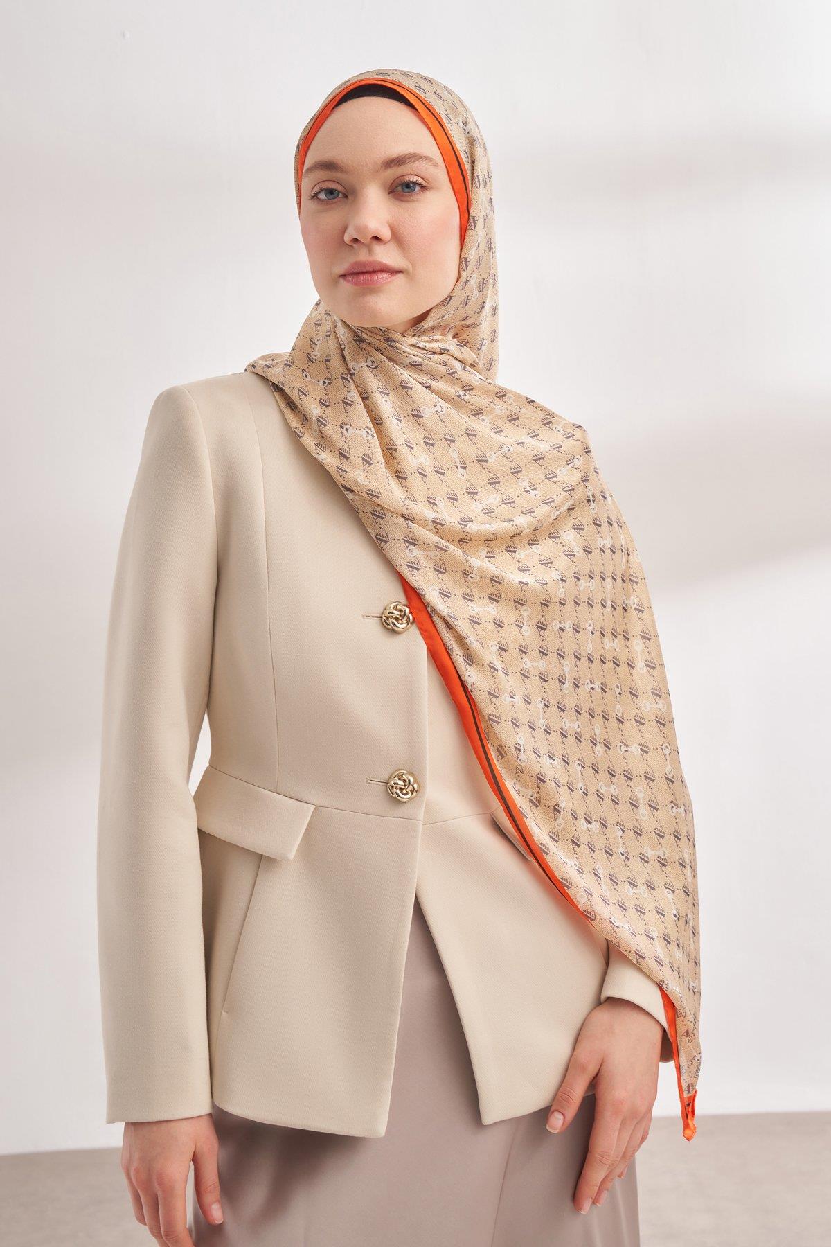 Armanda Vual Monogram Desen Şal 3361-Bej Orange