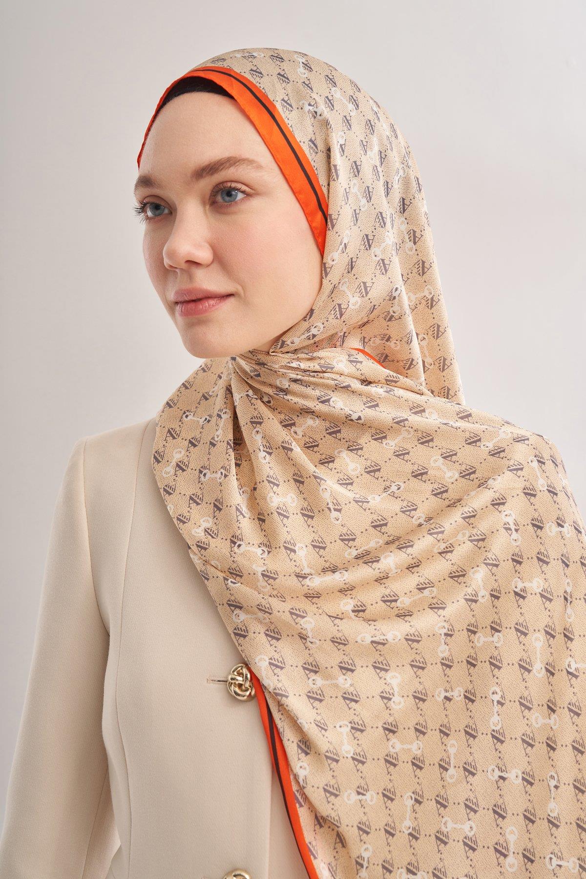 Armanda Vual Monogram Desen Şal 3361-Bej Orange