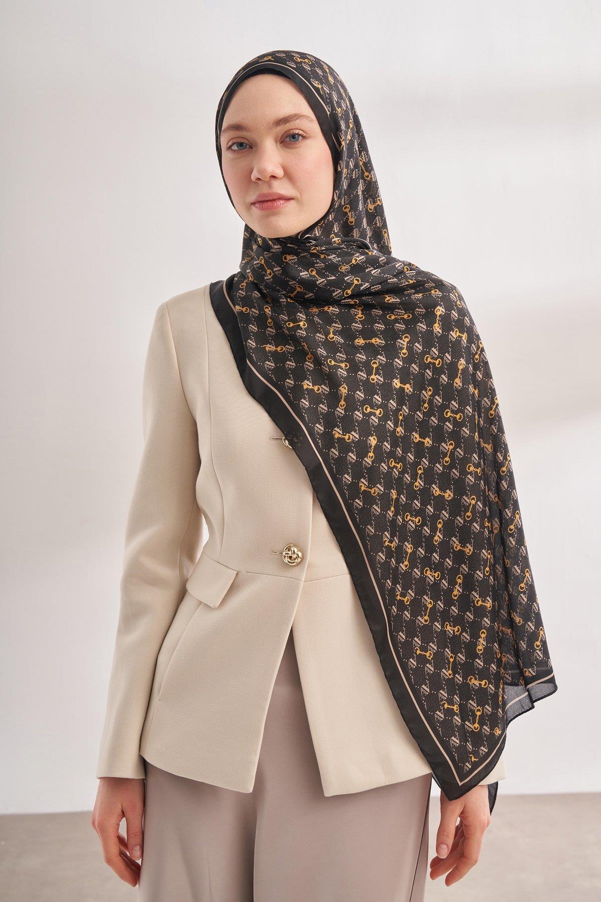 Armanda Vual Monogram Desen Şal 3361-Siyah Krem