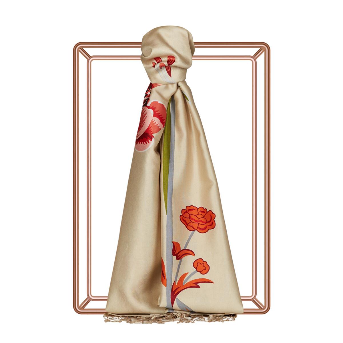 İpekevi Amaryllis Desenli İpek Şal 08023-Krem