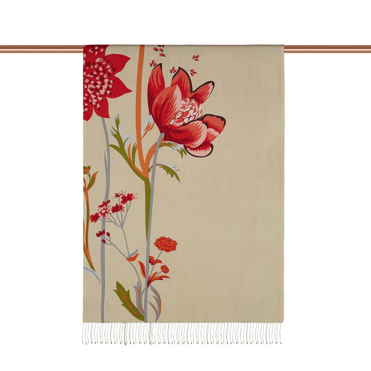 İpekevi Amaryllis Desenli İpek Şal 08023-Krem