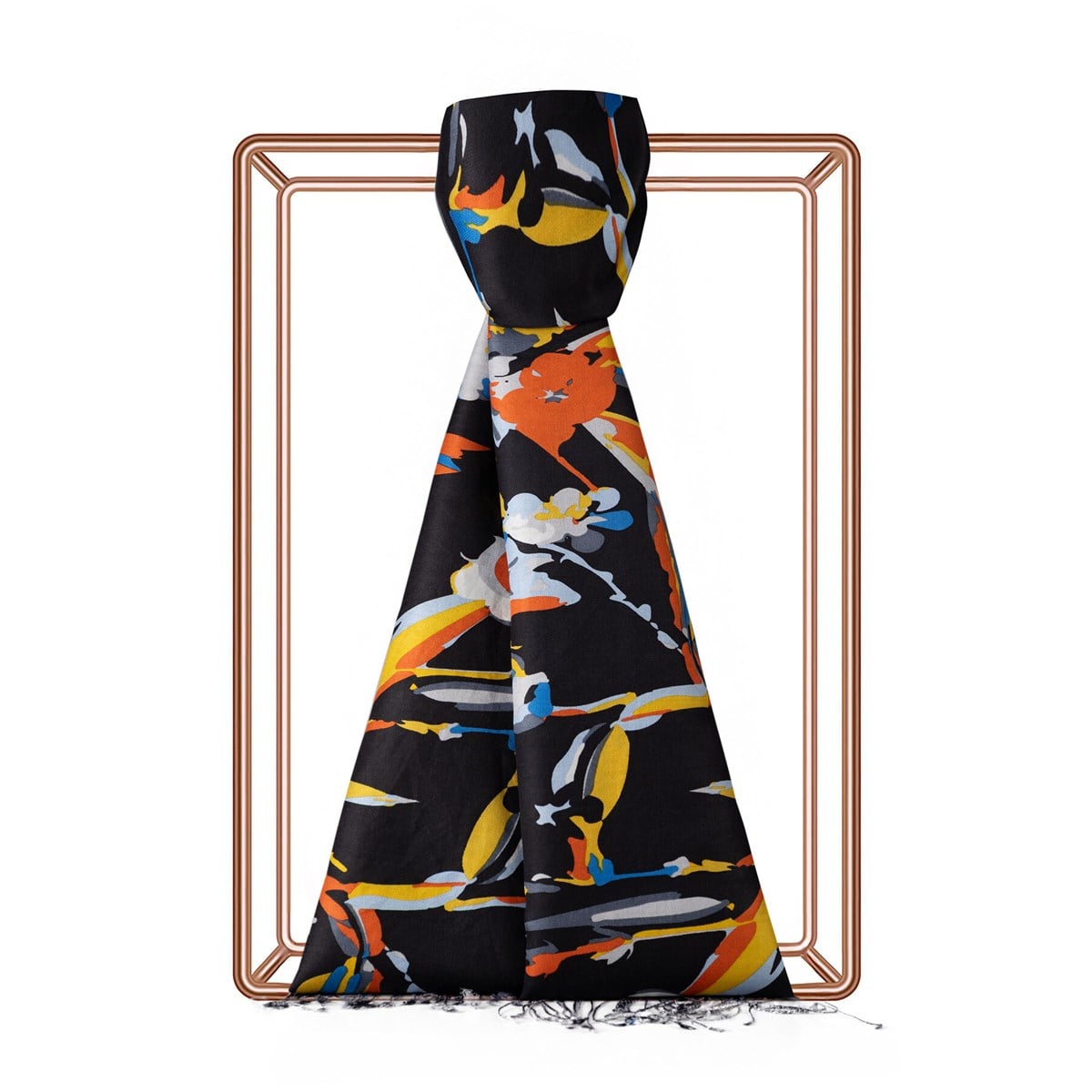 İpekevi Egzotik Rapsodi Desenli İpek Şal 09451-Siyah