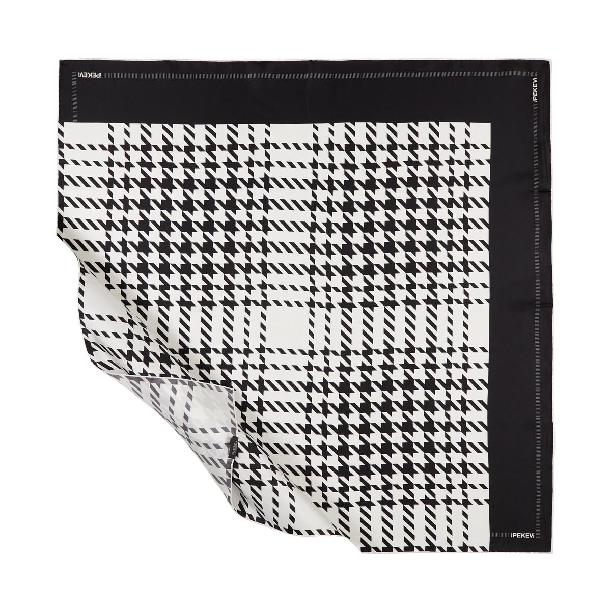 İpekevi Houndstooth Ekose Tivil İpek Eşarp 1149-Siyah Beyaz
