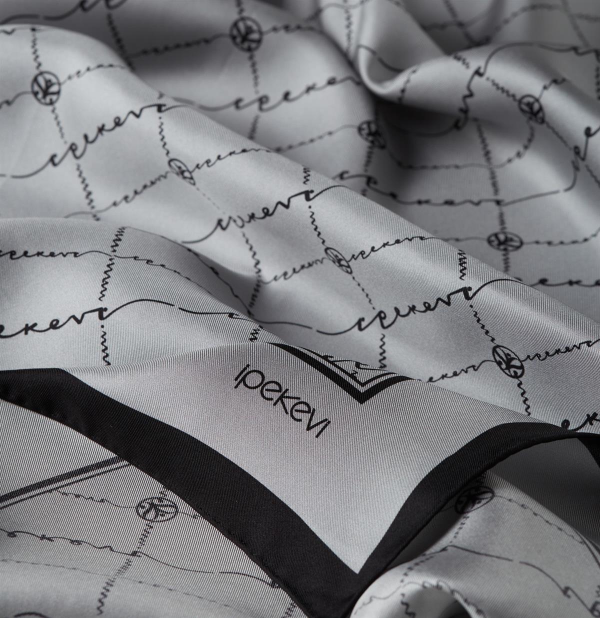 İpekevi İpek Monogram Tivil Eşarp 1141-Gümüş