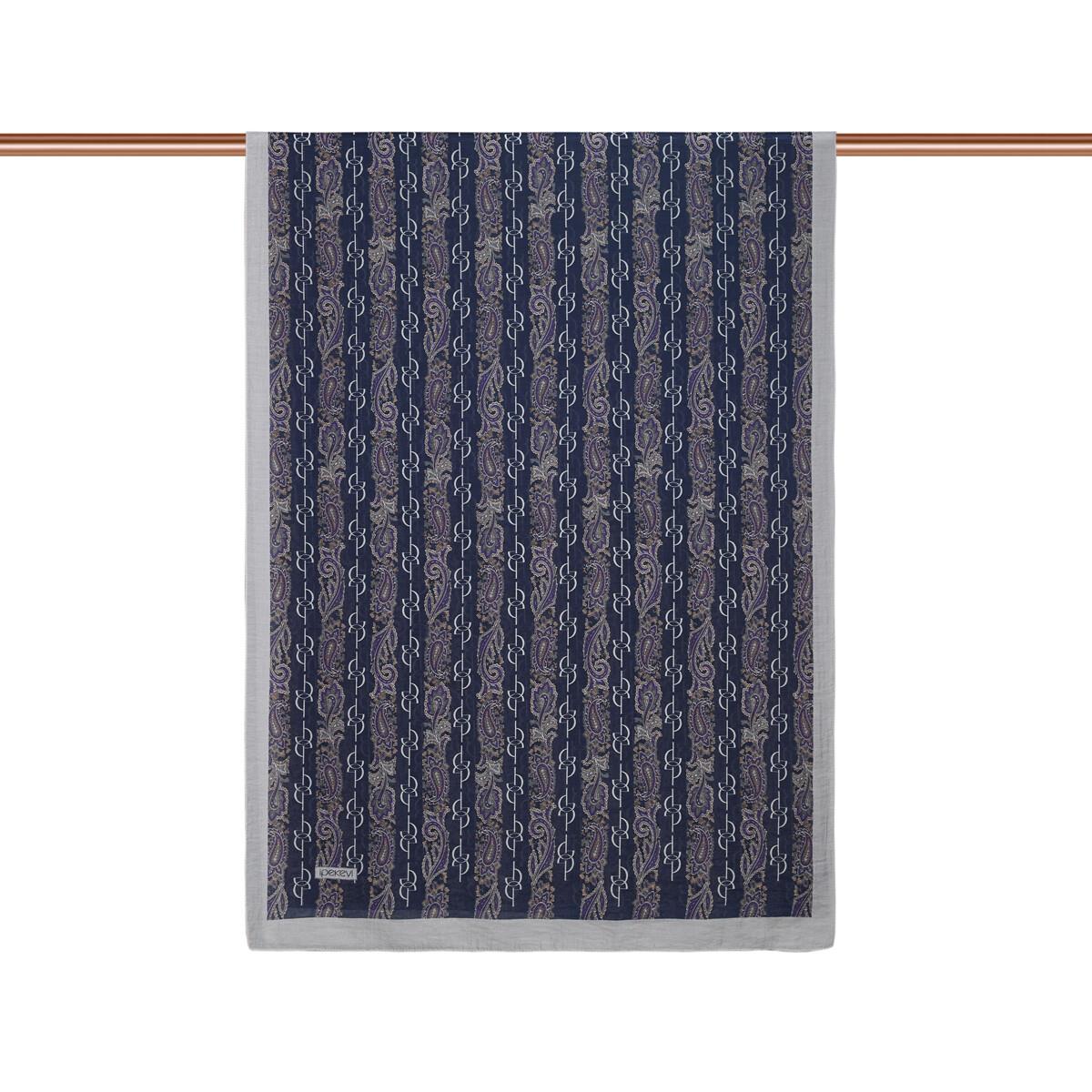 İpekevi Monogram Desenli Tensel Şal  02891-Lacivert Bej