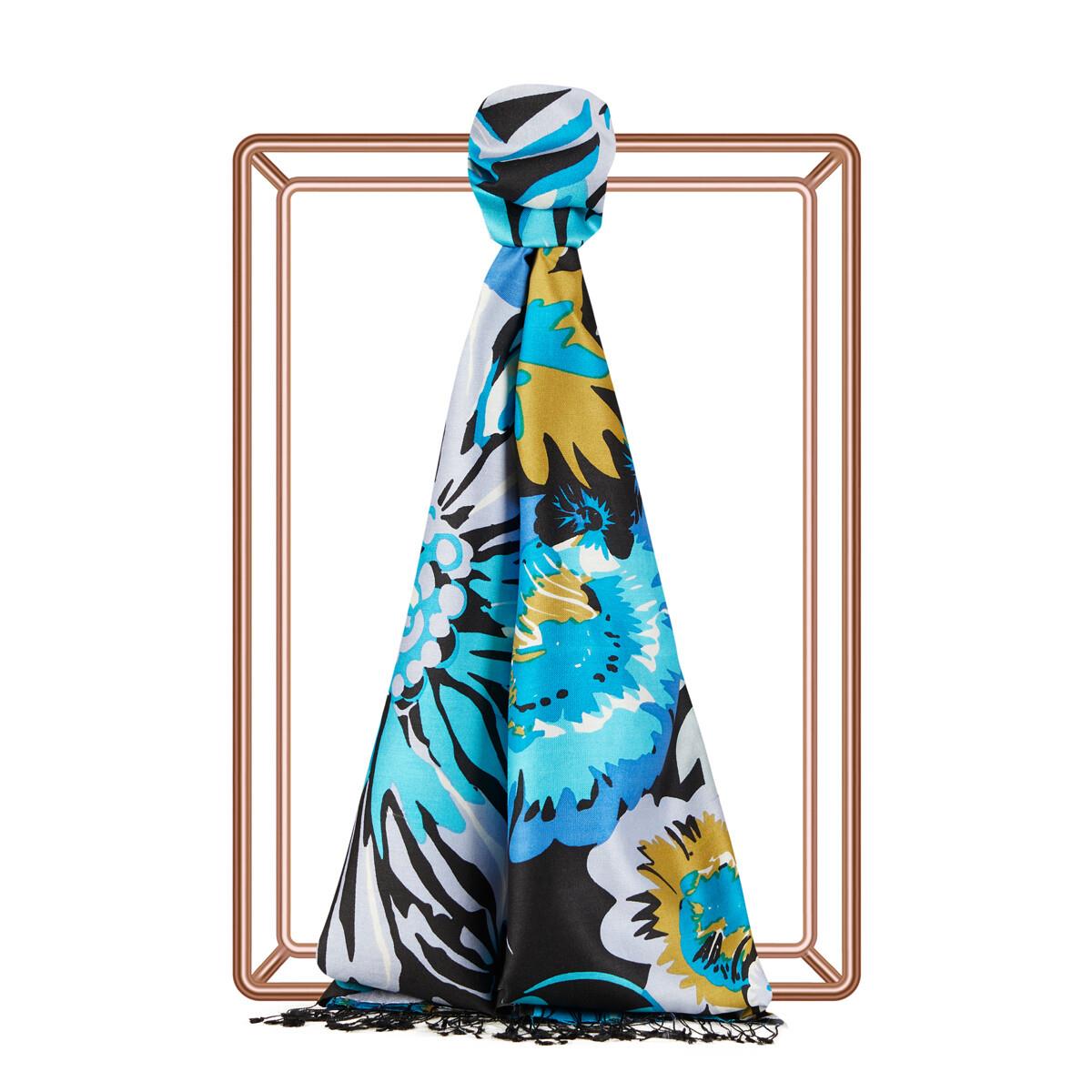 İpekevi Nihavent Desenli İpek Şal 06111-Siyah Turkuaz