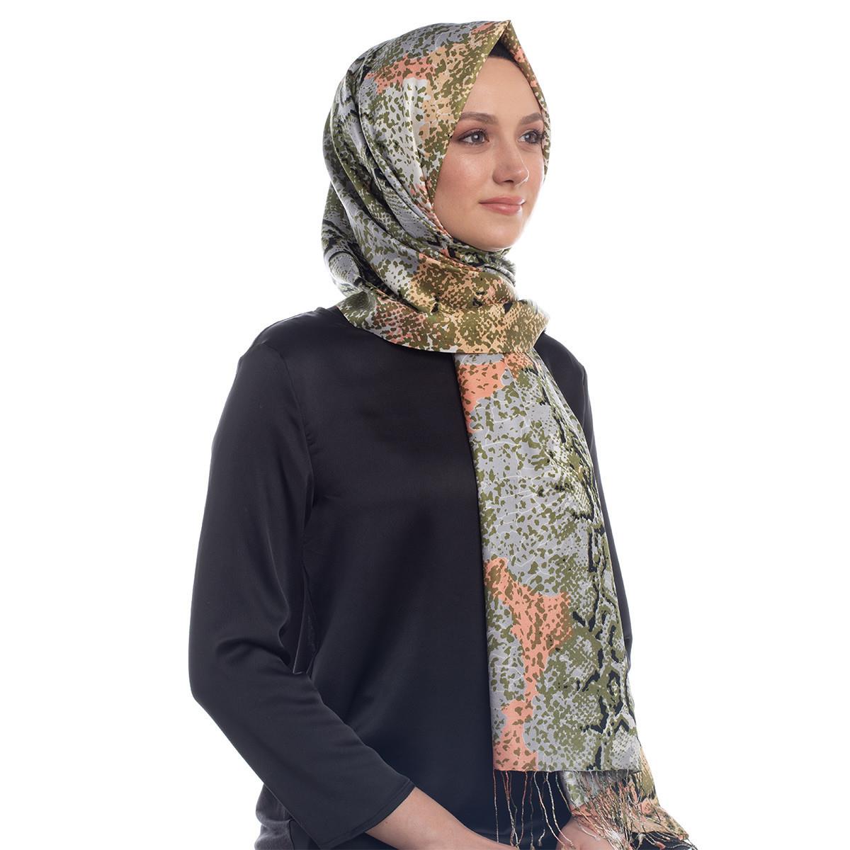 İpekevi Piton Desenli İpek Şal 06133-Haki Yeşil