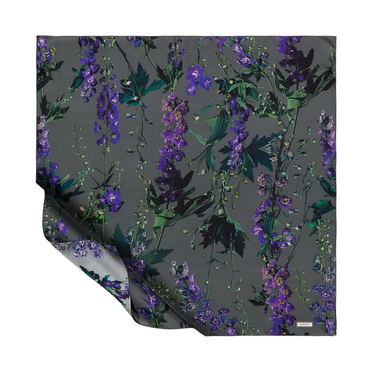 İpekevi Wild Violet Desenli Tivil İpek Eşarp 01196-Gümüş