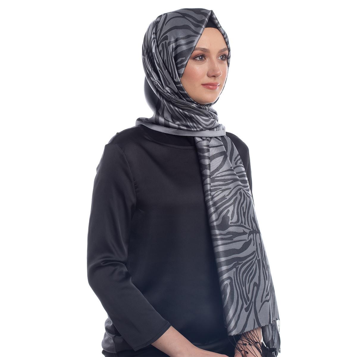 İpekevi Zebra Jakar Desenli İpek Şal 05139-Gümüş