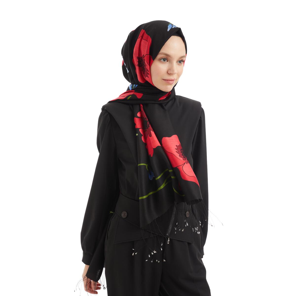 Qoza Gelincik Desenli Modal İpek Şal 7755-Siyah