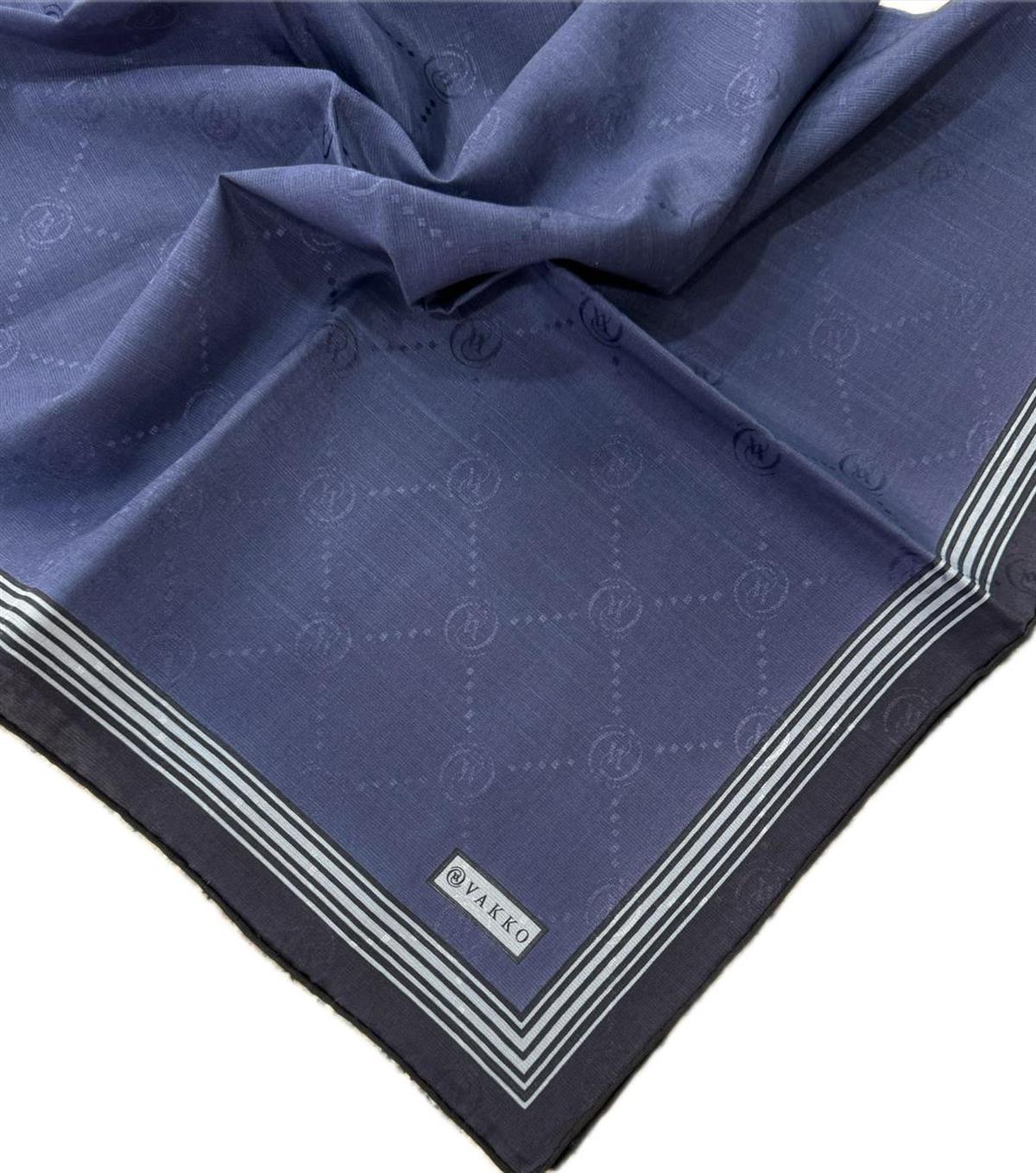 Vakko Monogram Pamuk İpek Bordürlü Eşarp 41588-Lacivert