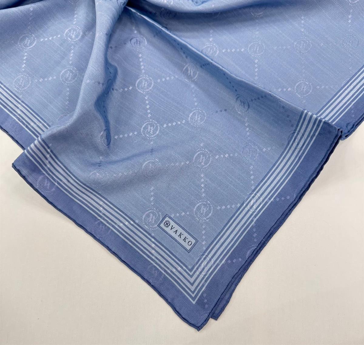 Vakko Monogram Pamuk İpek Bordürlü Eşarp 41588-Mavi
