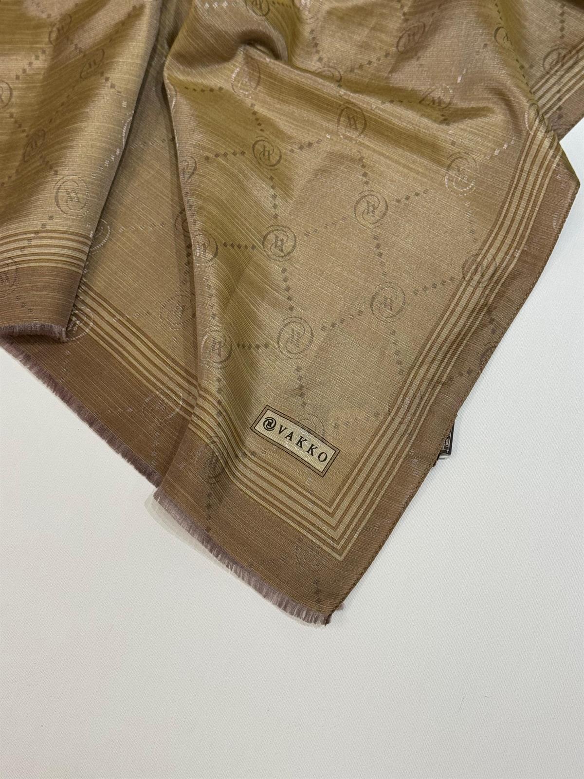 Vakko Monogram Pamuk İpek Bordürlü Şal 41540-Koyu Kum Beji