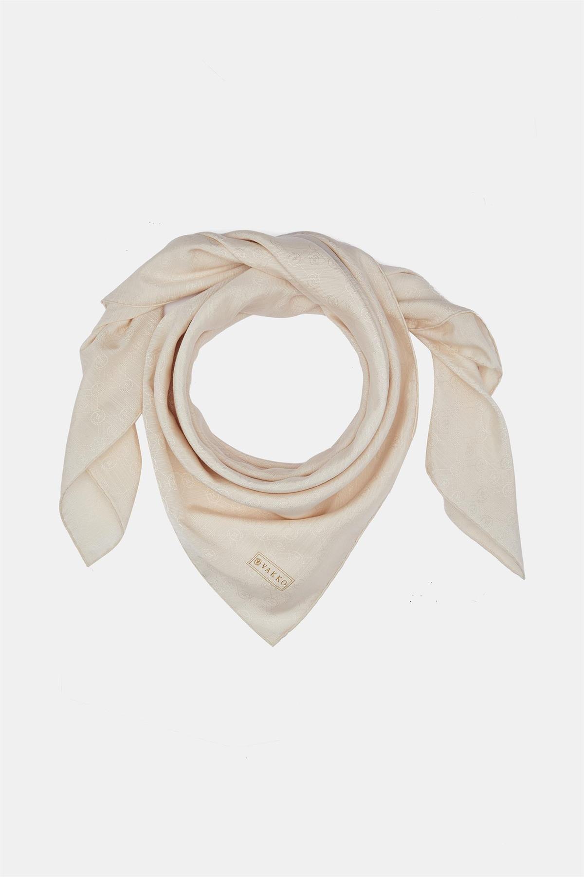 Vakko Monogram Pamuk İpek Eşarp 3000655-Ekru