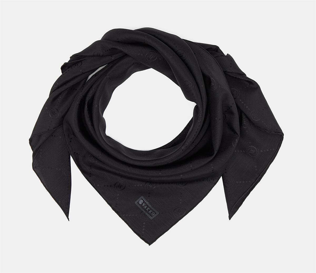 Vakko Monogram Pamuk İpek Eşarp 40828-Siyah