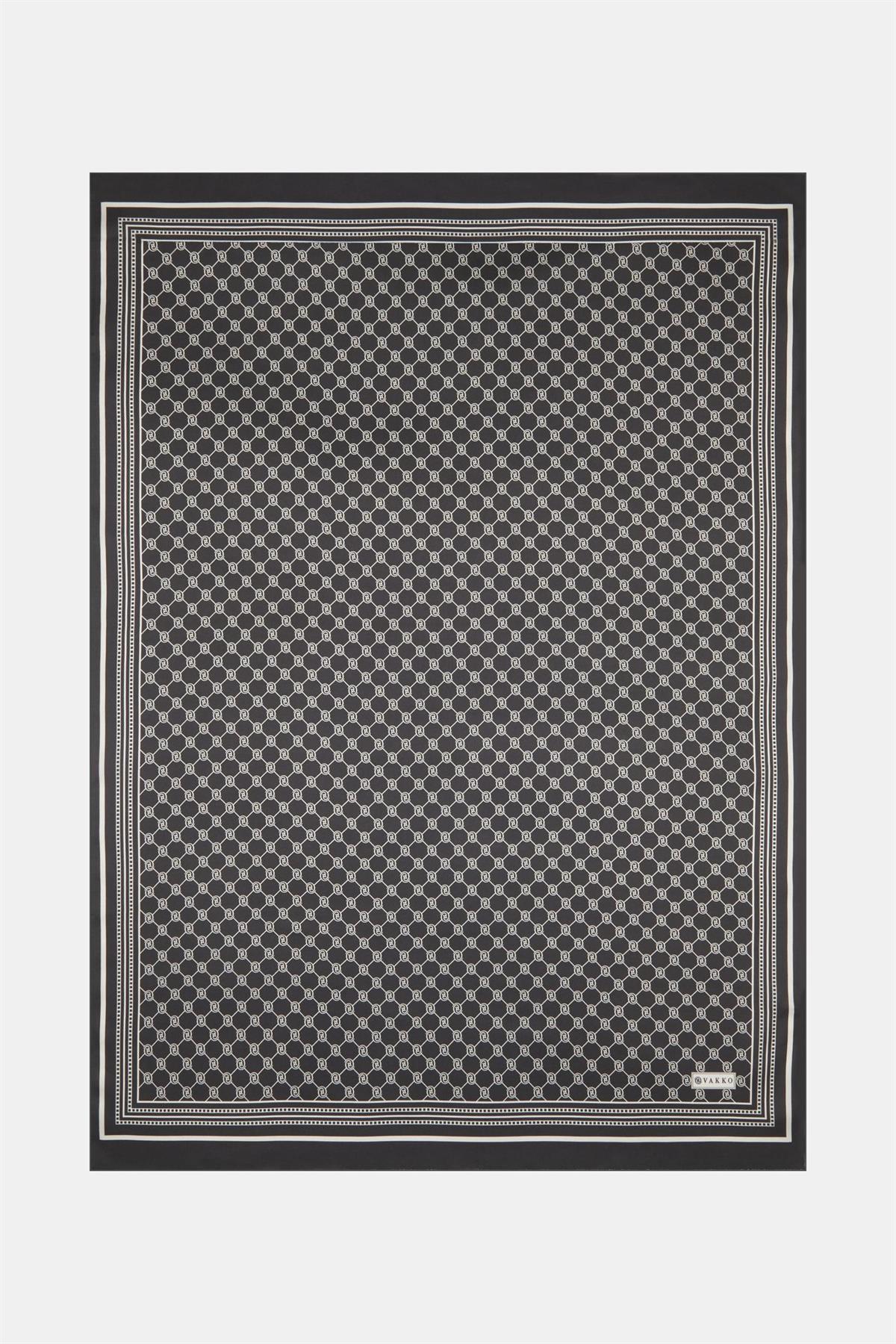 Vakko Monogram Tivil İpek Şal 300088-Koyu Kahve Ekru