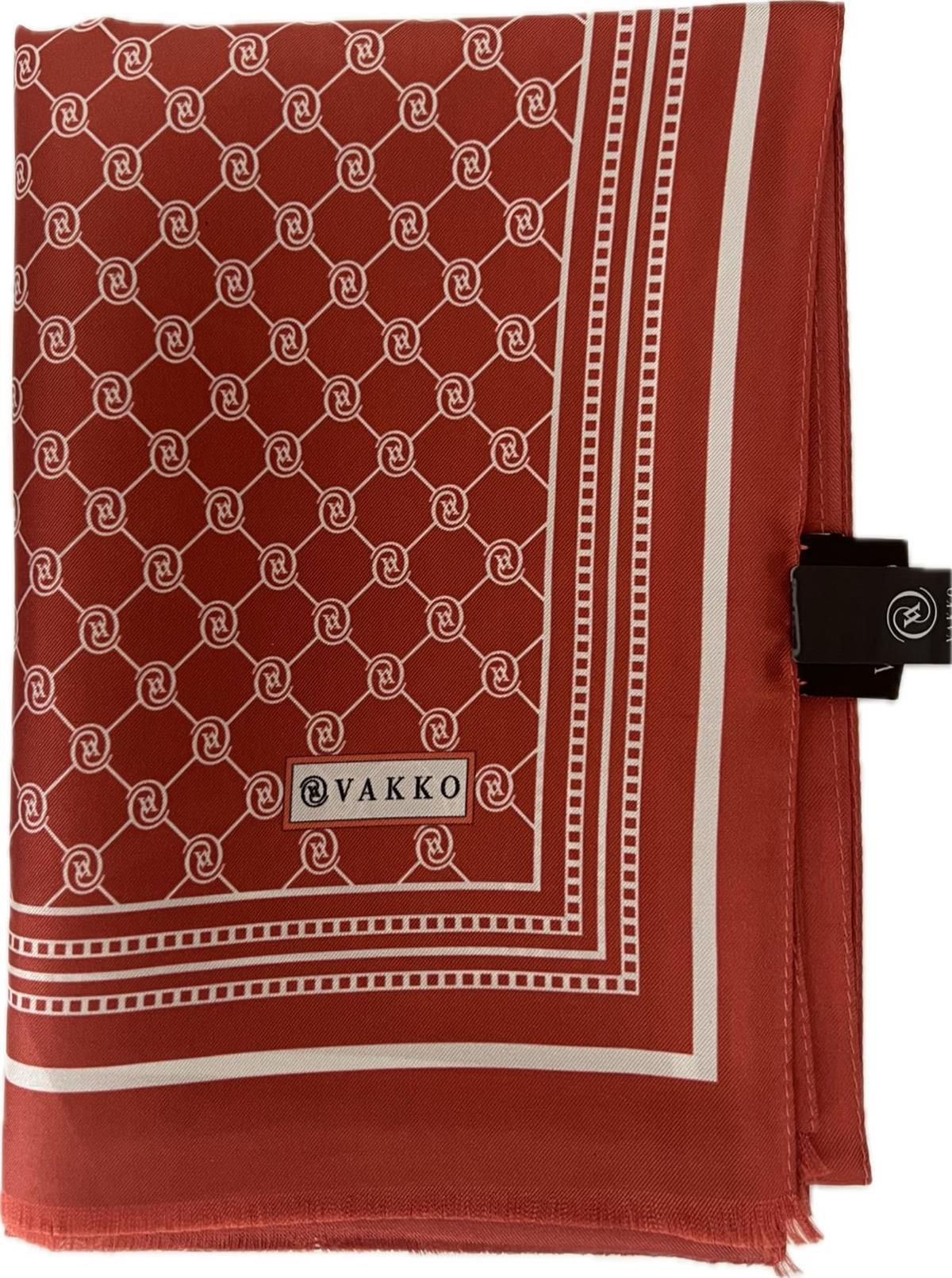 Vakko Monogram Tivil İpek Şal 300088-Kırmızı Ekru