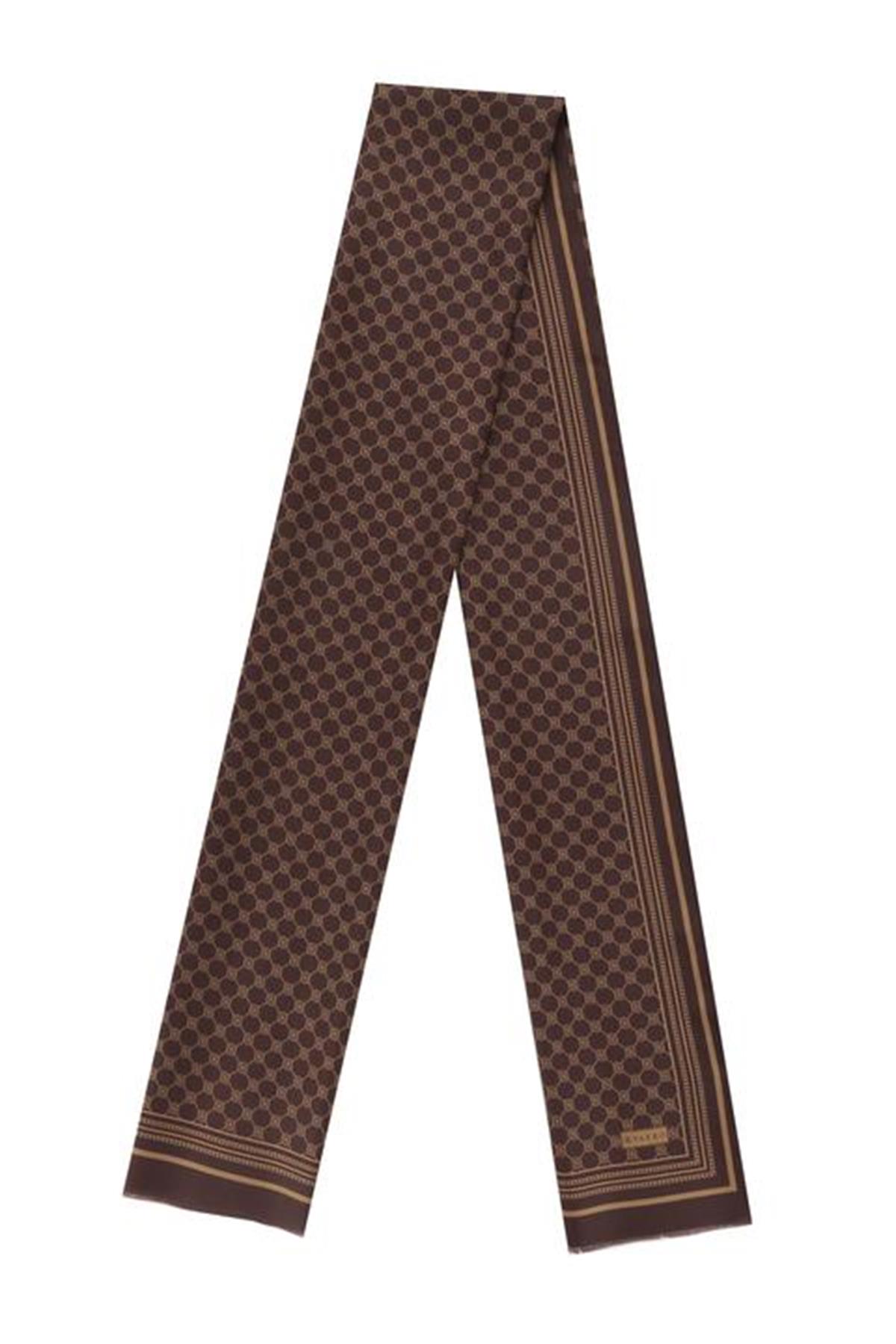 Vakko Monogram Tivil İpek Şal 300088-Koyu Kahve Camel