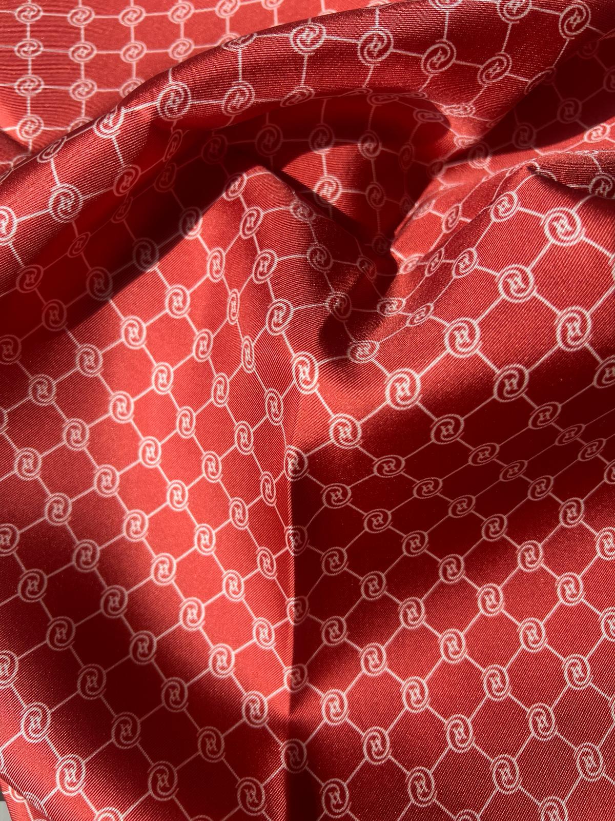 Vakko Monogram Tivil İpek Şal 300088-Kırmızı Ekru