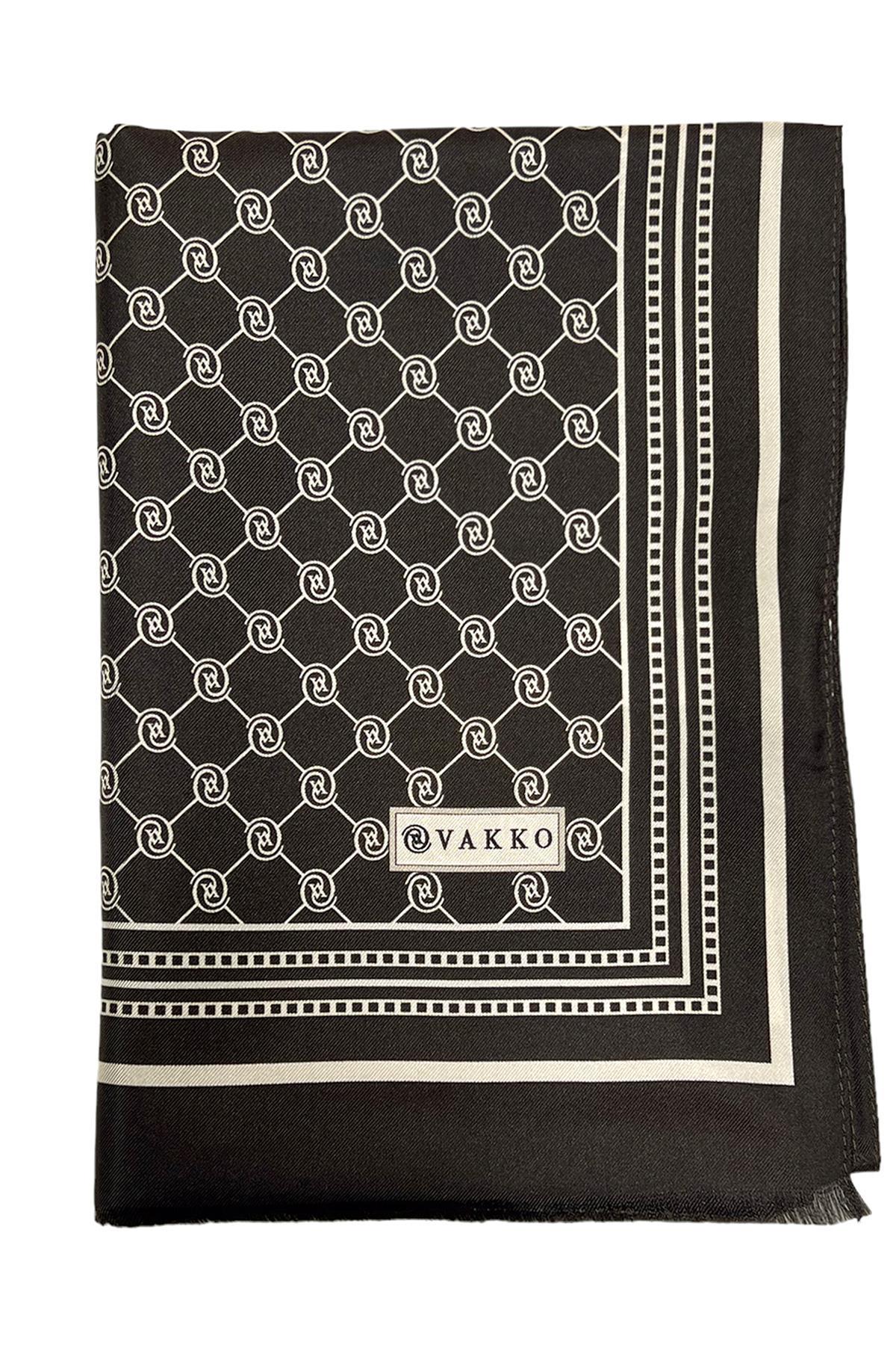 Vakko Monogram Tivil İpek Şal 300088-Koyu Kahve Ekru