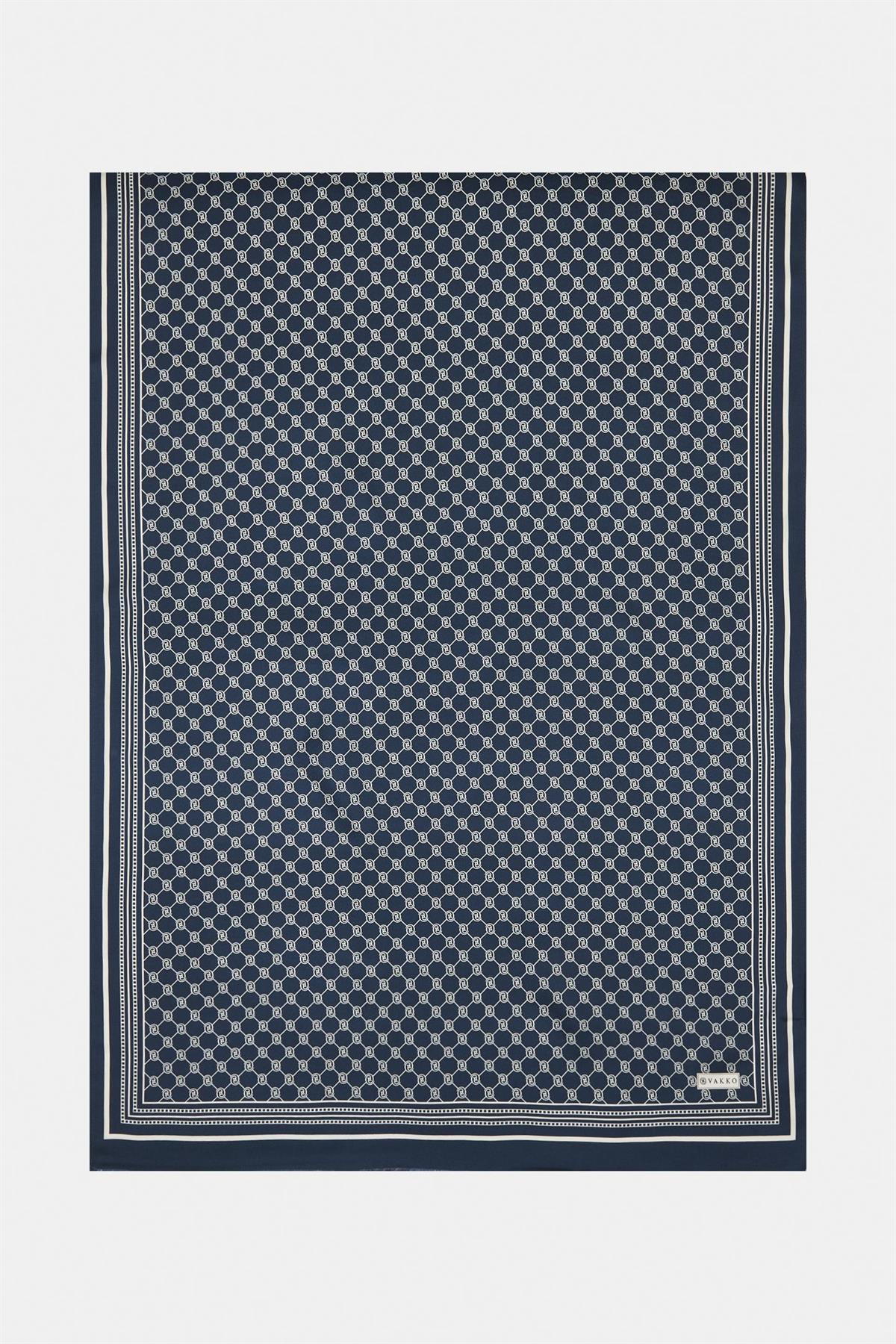 Vakko Monogram Tivil İpek Şal 300088-Lacivert Ekru