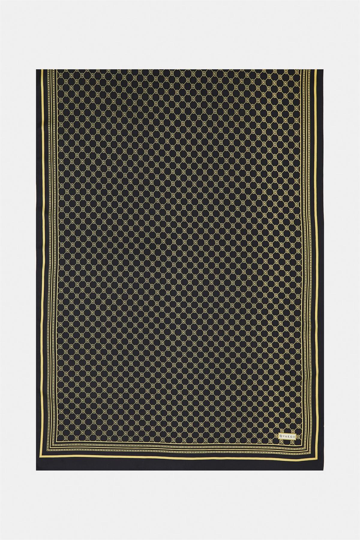 Vakko Monogram Tivil İpek Şal 300088-Siyah Altın