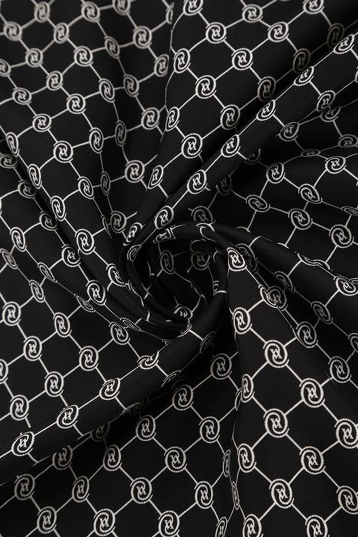 Vakko Monogram Tivil İpek Şal 300088-Siyah Beyaz