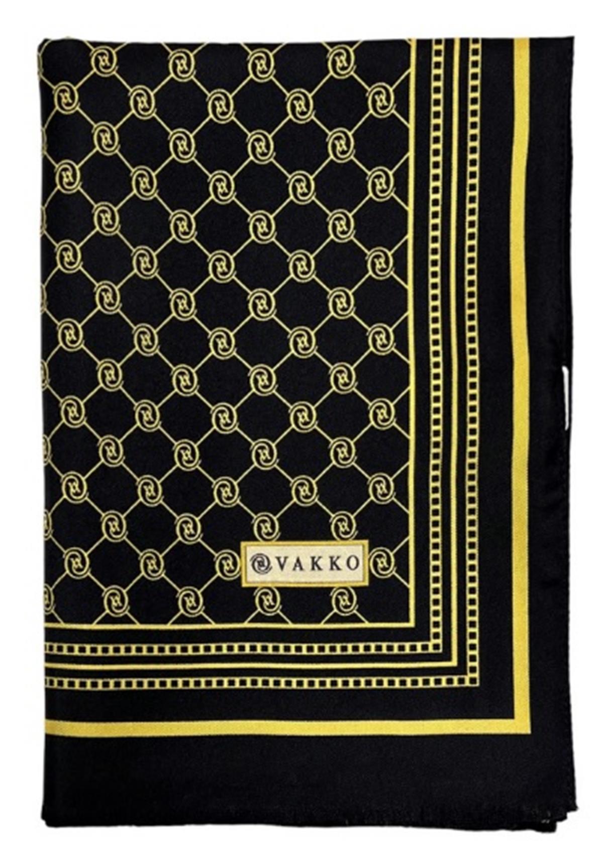 Vakko Monogram Tivil İpek Şal 300088-Siyah Altın