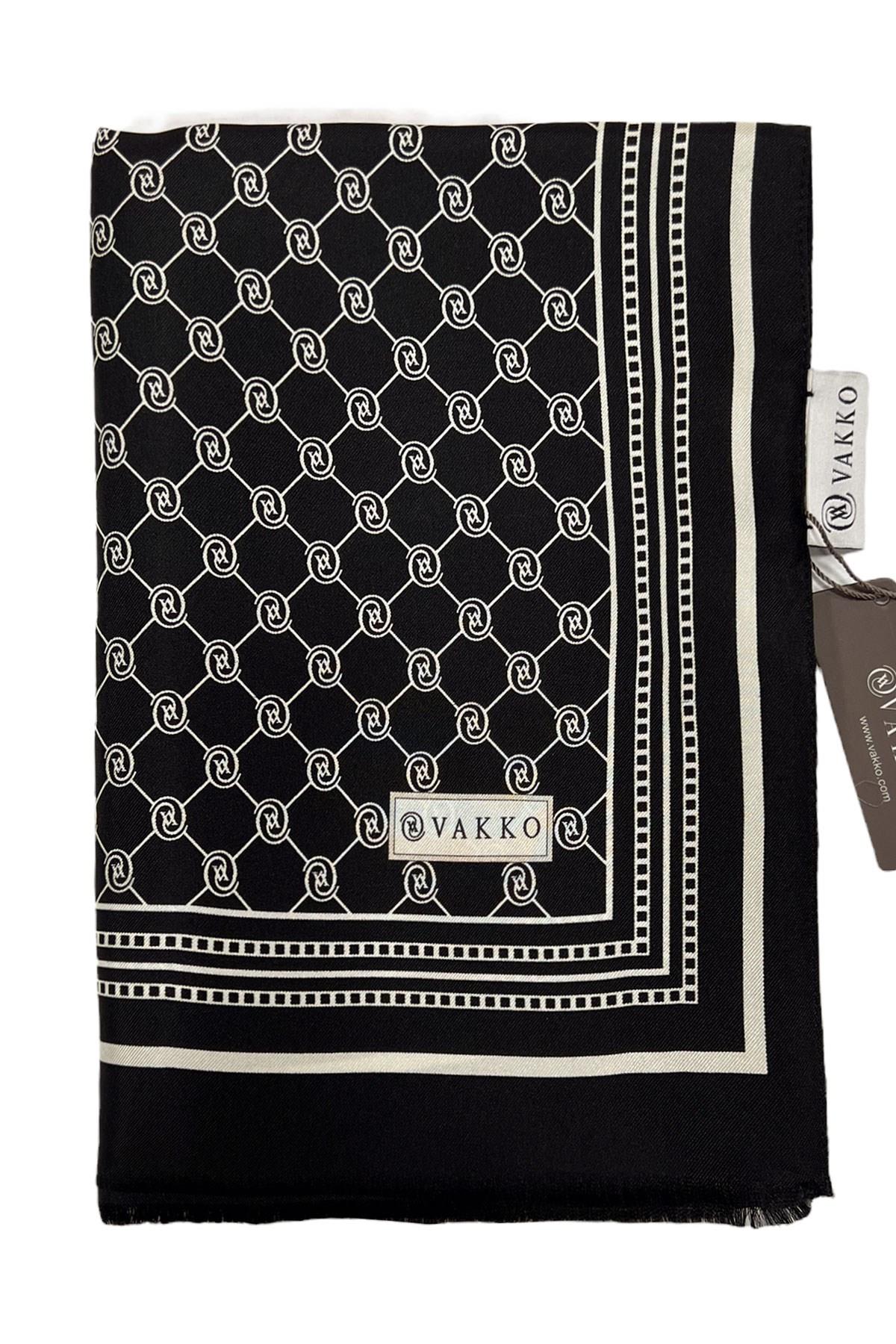 Vakko Monogram Tivil İpek Şal 300088-Siyah Beyaz