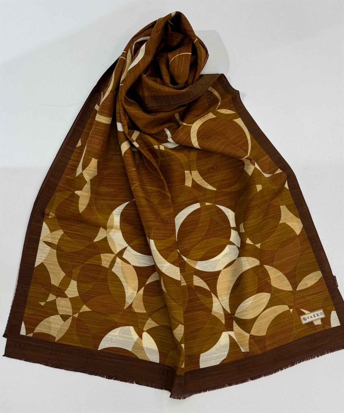Vakko Pamuk İpek Desenli Şal 41704-Tarçın-Camel