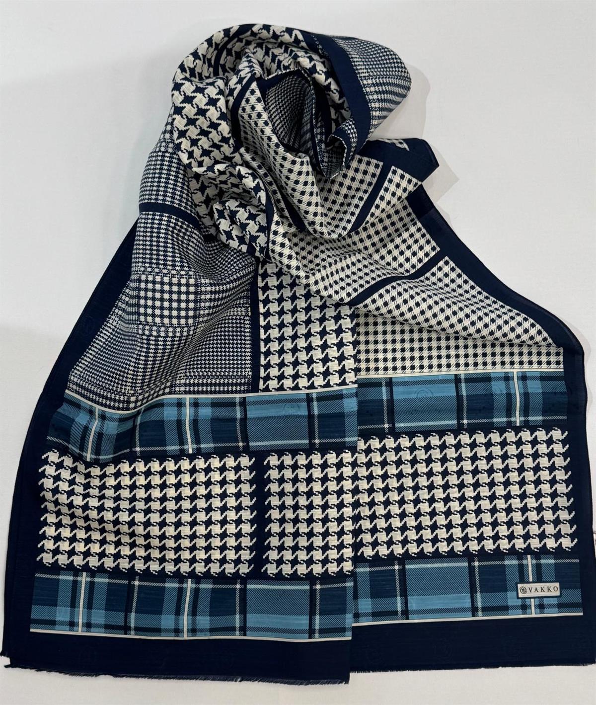 Vakko Pamuk İpek Desenli Şal 41705-Lacivert-Mavi