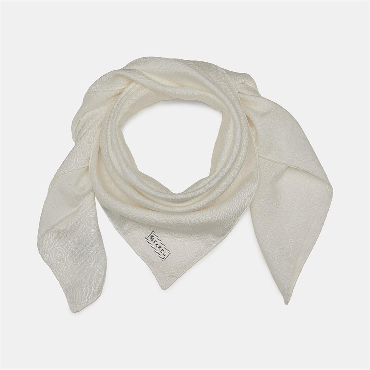Vakko Pamuk İpek Monogram Eşarp 41301-Beyaz