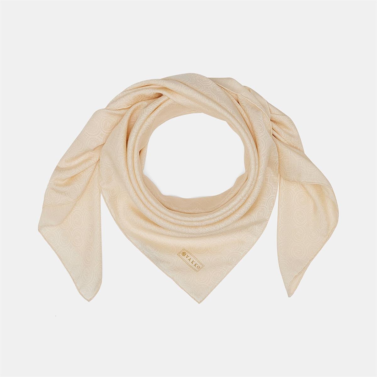 Vakko Pamuk İpek Monogram Eşarp 41301-Ekru