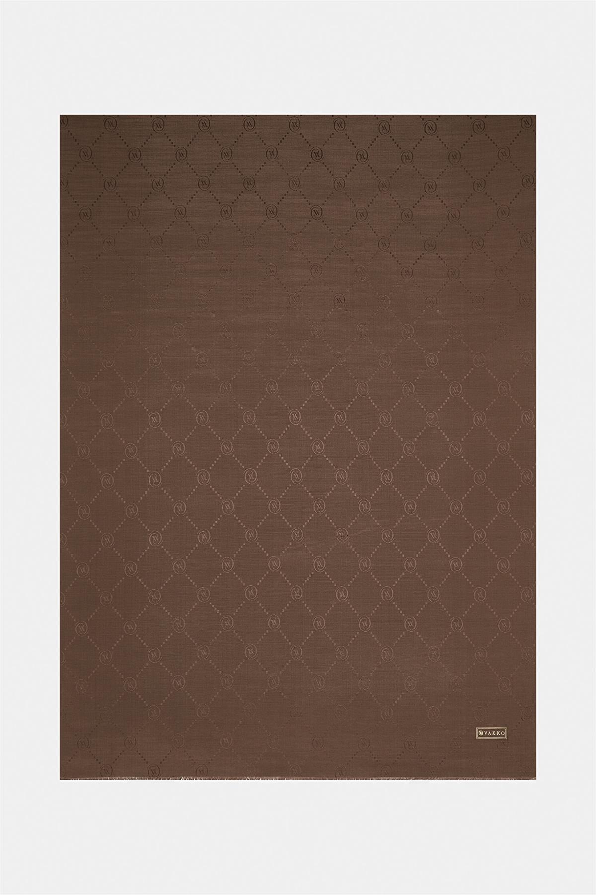 Vakko Pamuk İpek Monogram Şal 40753-Kızıl Kahve