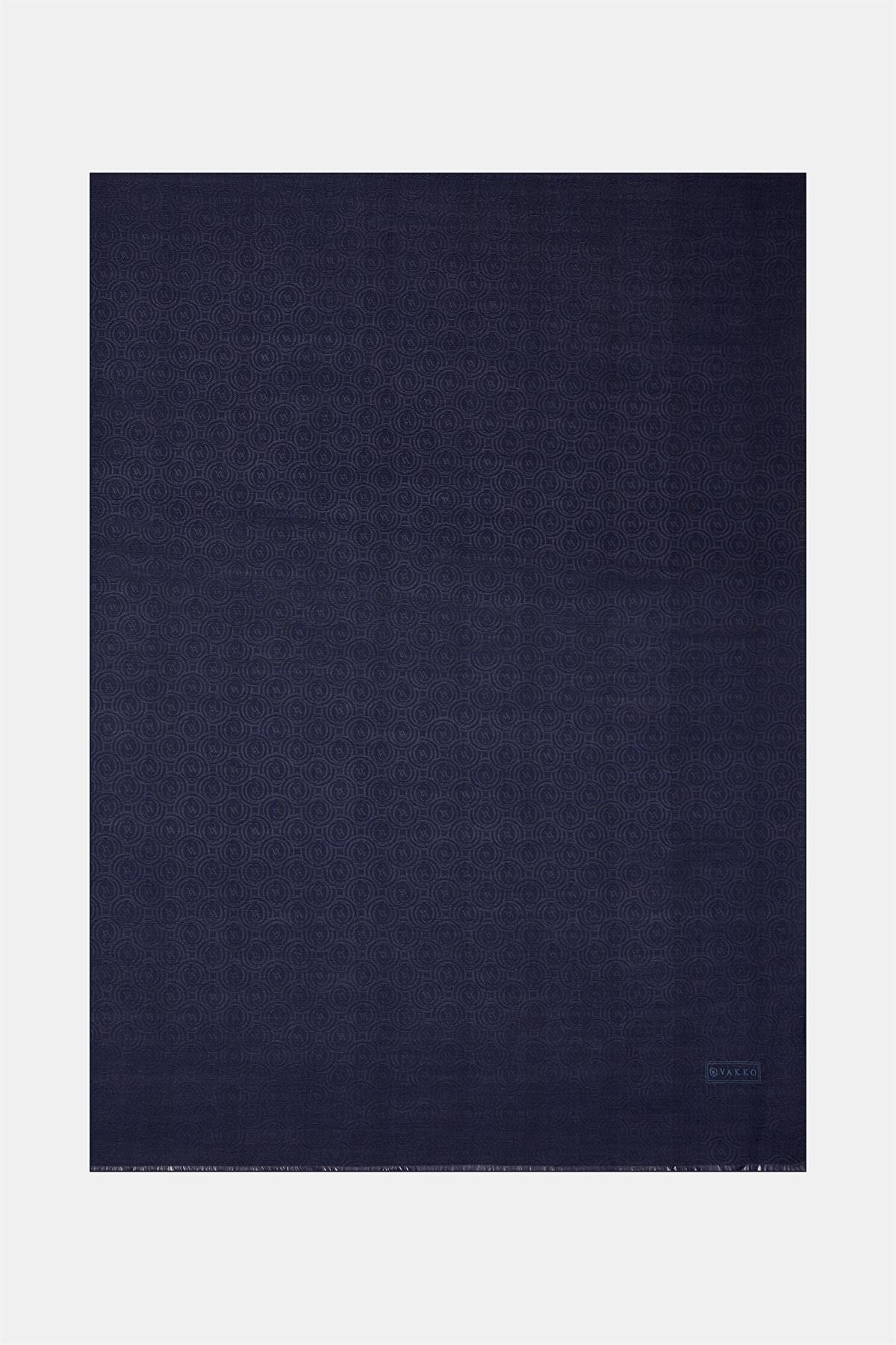 Vakko Pamuk İpek Monogram Şal 41302-Lacivert