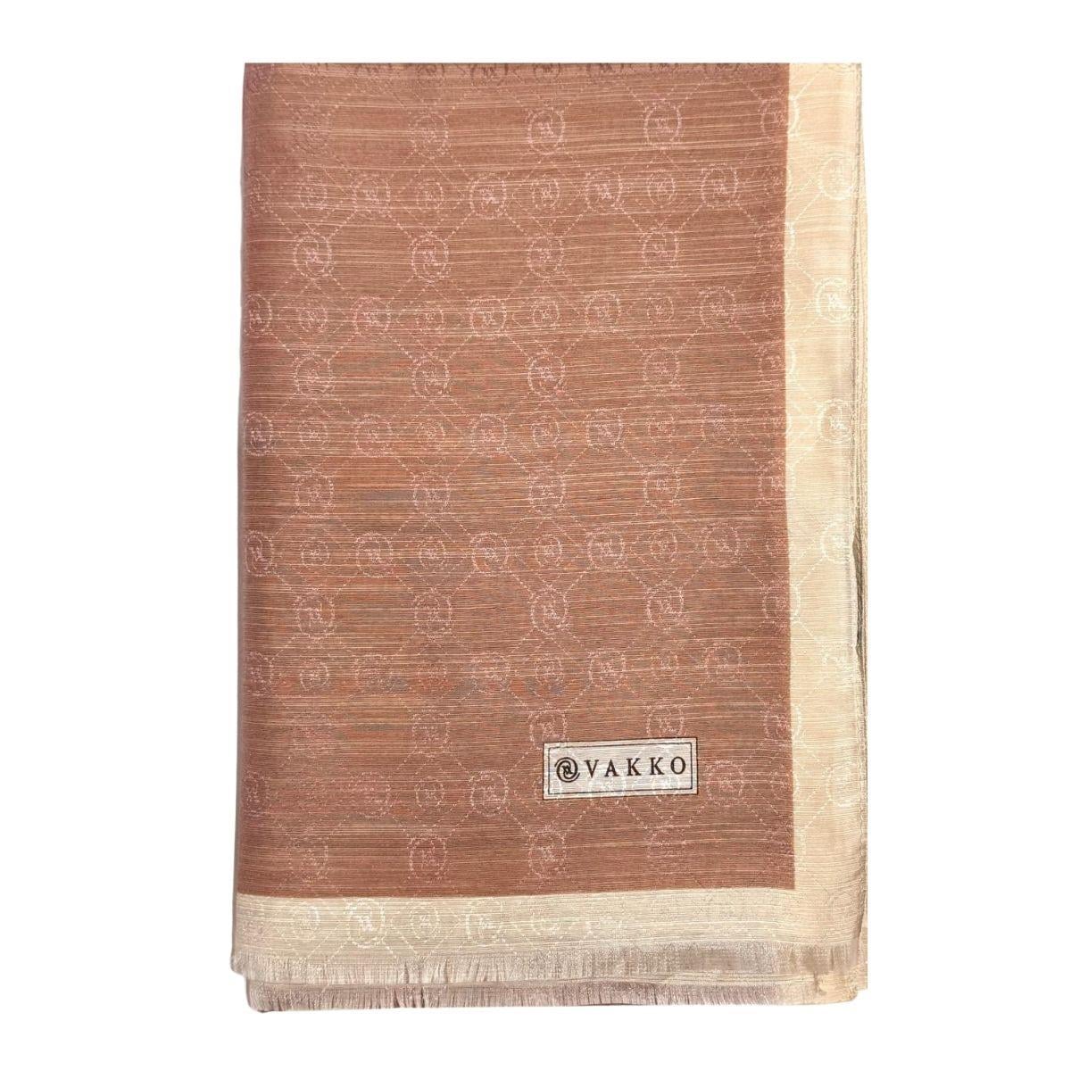 Vakko Pamuk İpek Monogram Şal 44225-Koyu Vizon Ekru