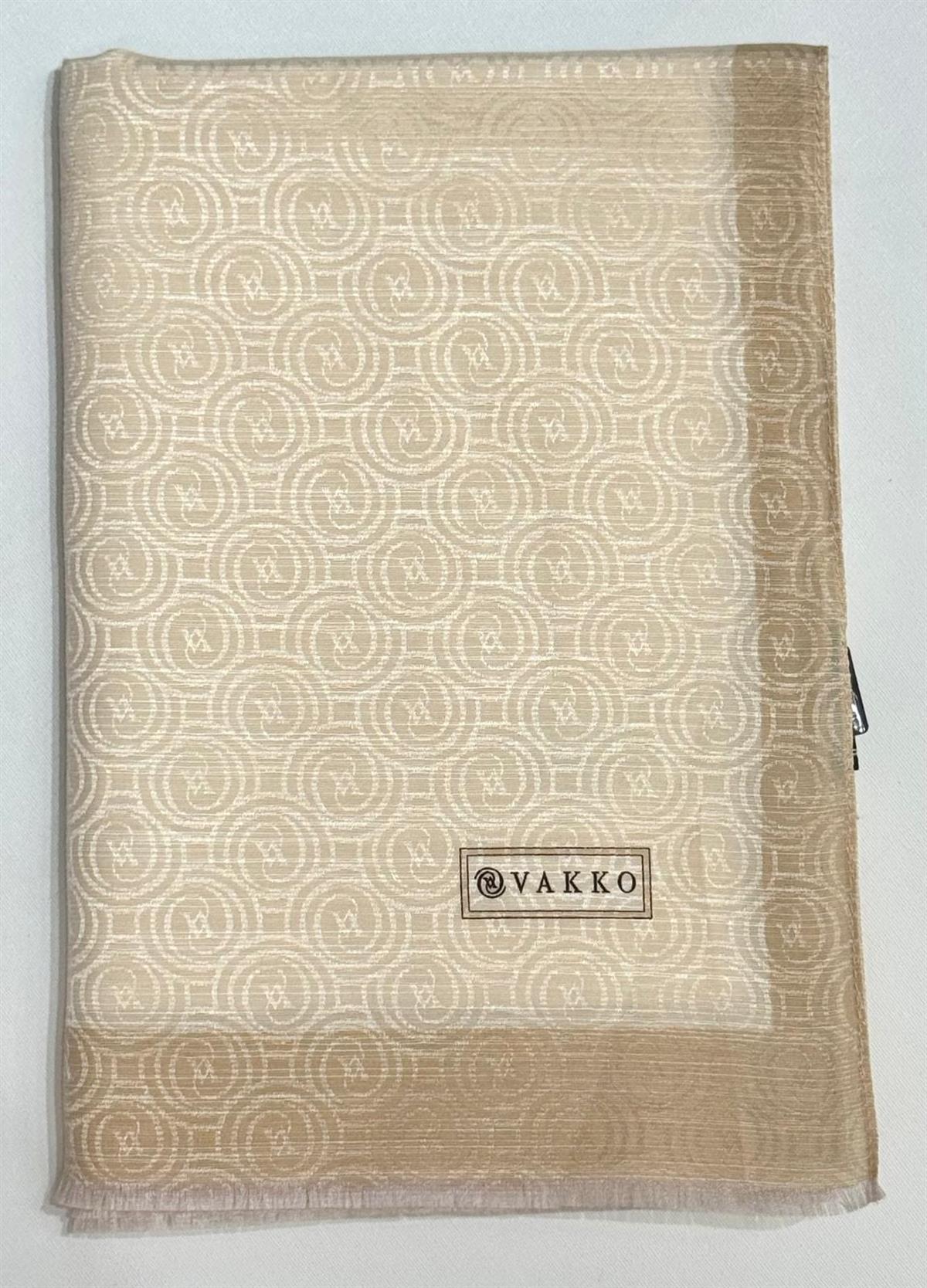 Vakko  Pamuk İpek Şeritli Monogram Şal 41728-Ekru