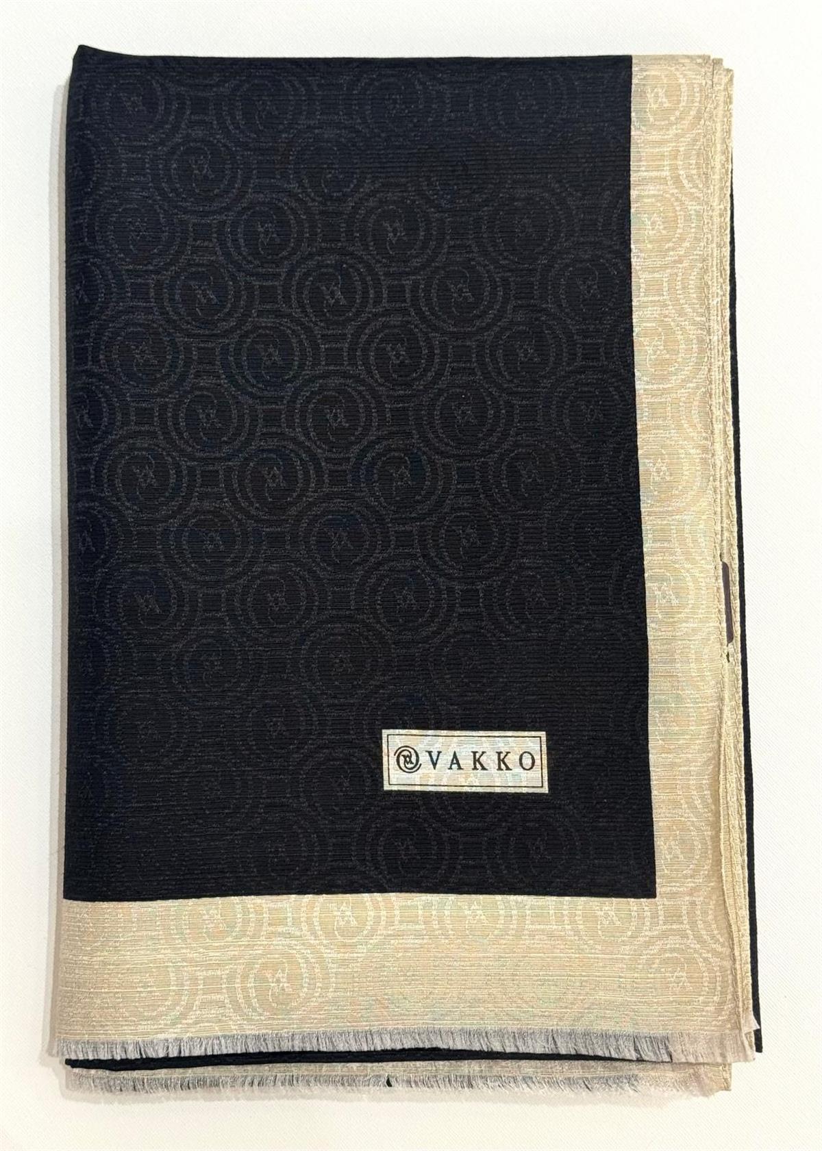 Vakko  Pamuk İpek Şeritli Monogram Şal 41728-Siyah Ekru