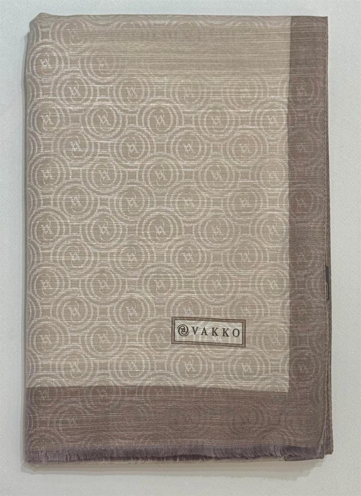 Vakko  Pamuk İpek Şeritli Monogram Şal 41728-Vizon