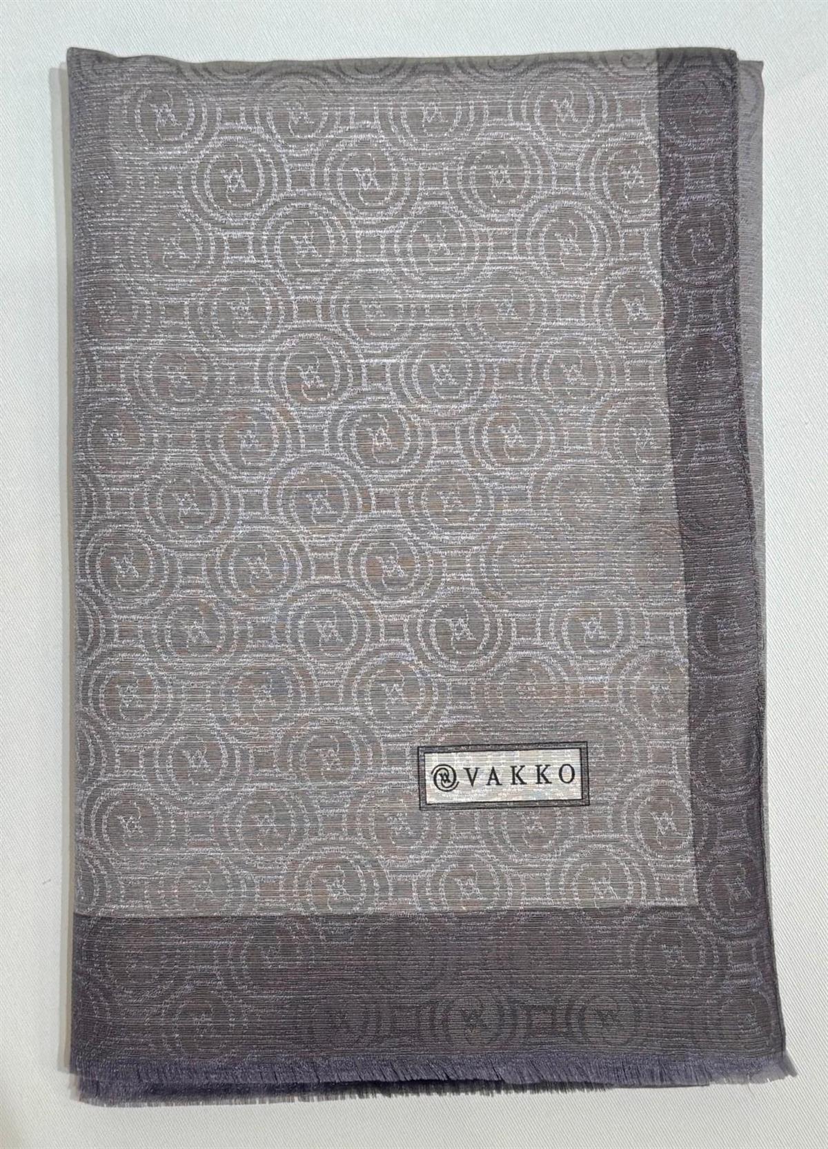 Vakko  Pamuk İpek Şeritli Monogram Şal 41728-Gri
