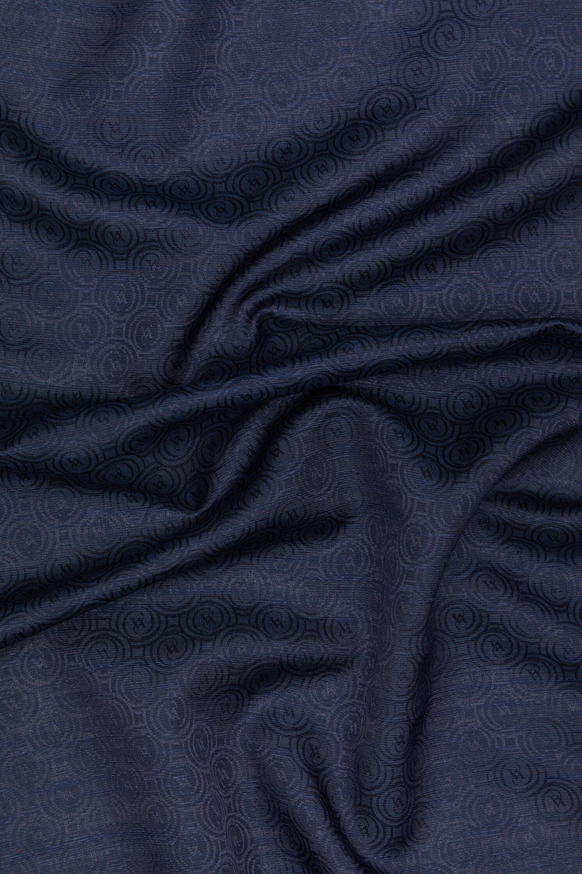 Vakko  Pamuk İpek Şeritli Monogram Şal 41728-Lacivert