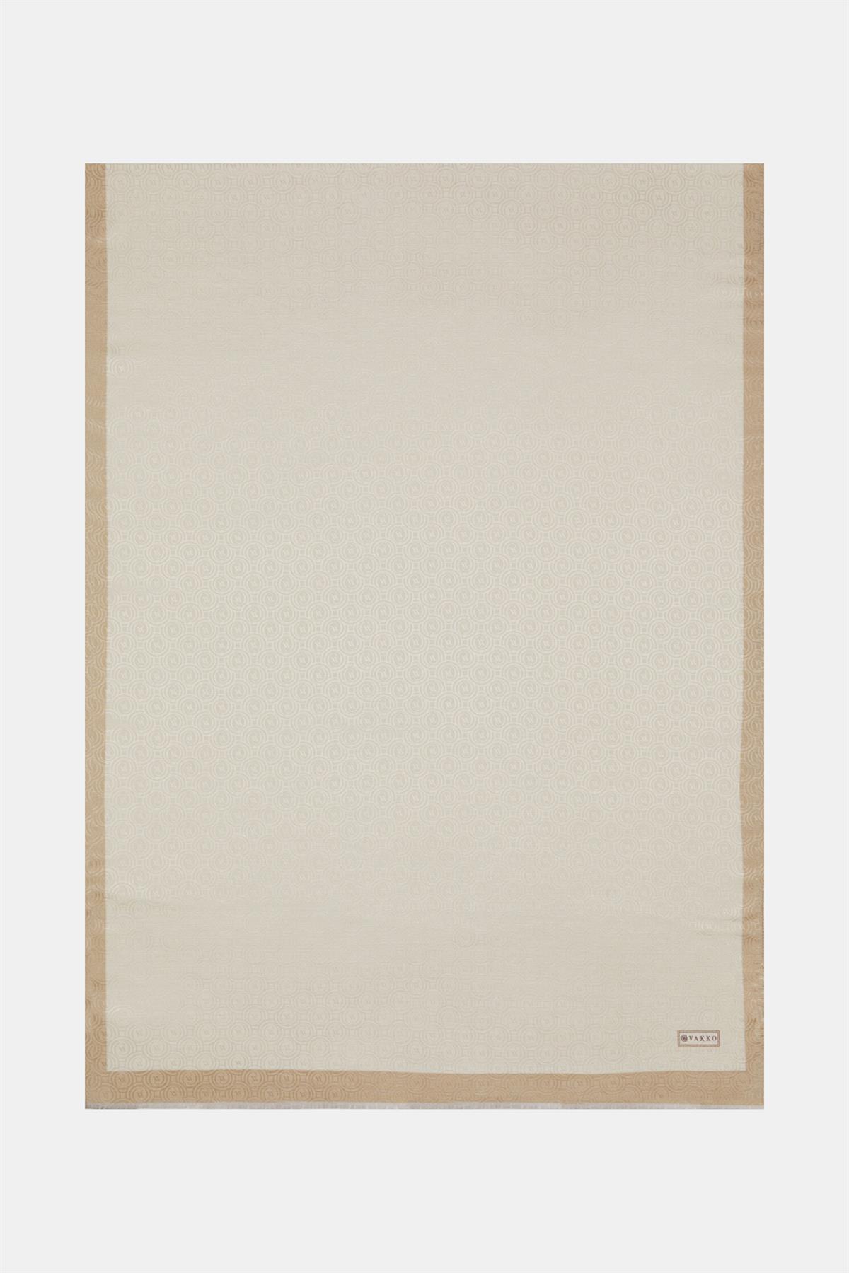 Vakko  Pamuk İpek Şeritli Monogram Şal 41728-Ekru