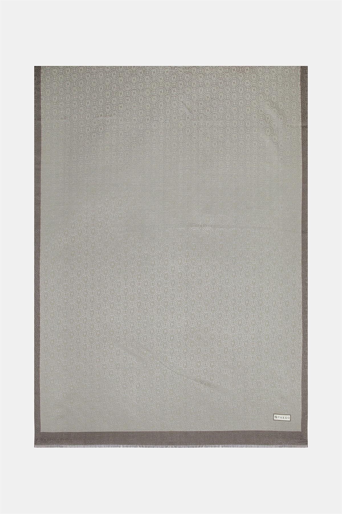 Vakko  Pamuk İpek Şeritli Monogram Şal 41728-Gri