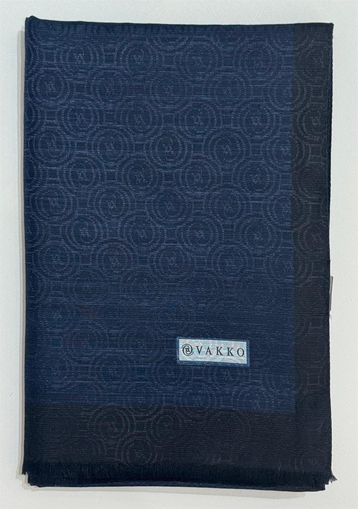 Vakko  Pamuk İpek Şeritli Monogram Şal 41728-Lacivert