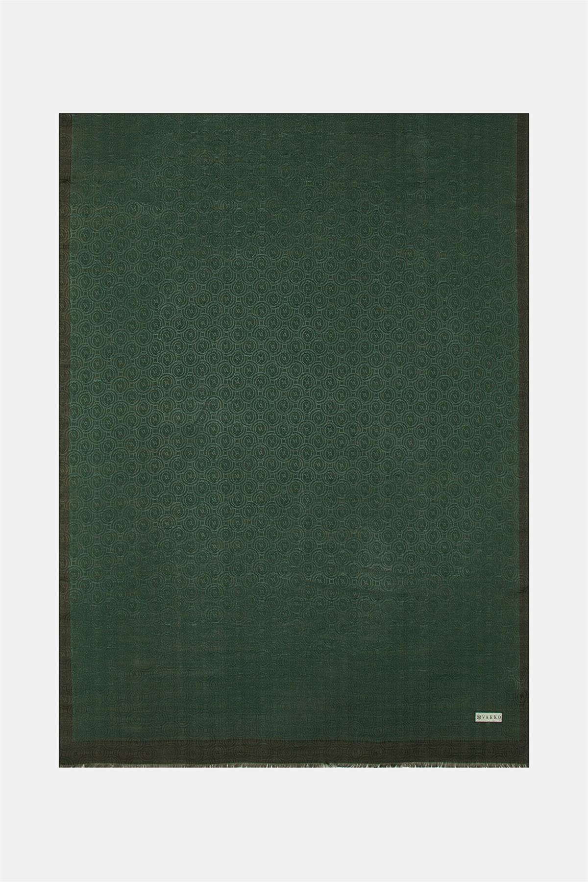 Vakko  Pamuk İpek Şeritli Monogram Şal 41728-Zümrüt Yeşili