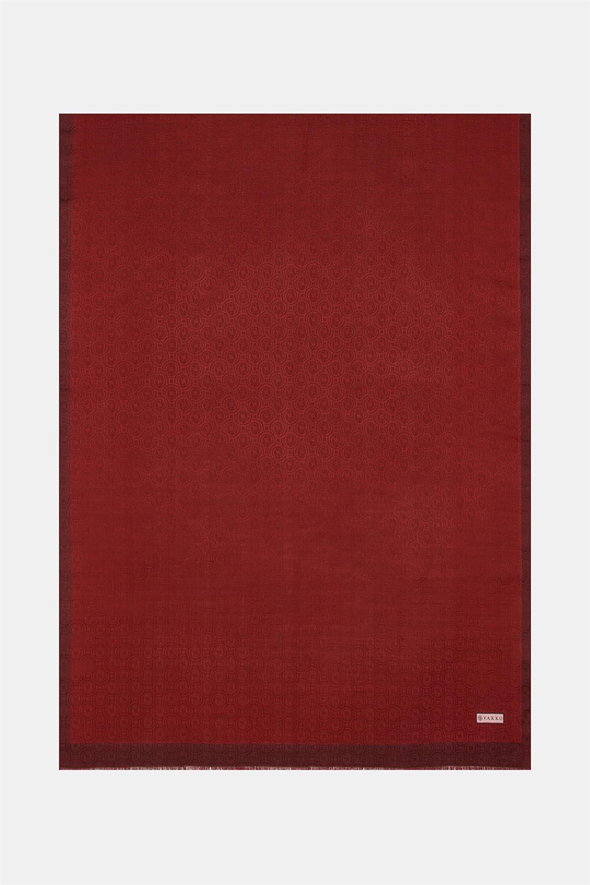 Vakko  Pamuk İpek Şeritli Monogram Şal 41728-Koyu Kırmızı