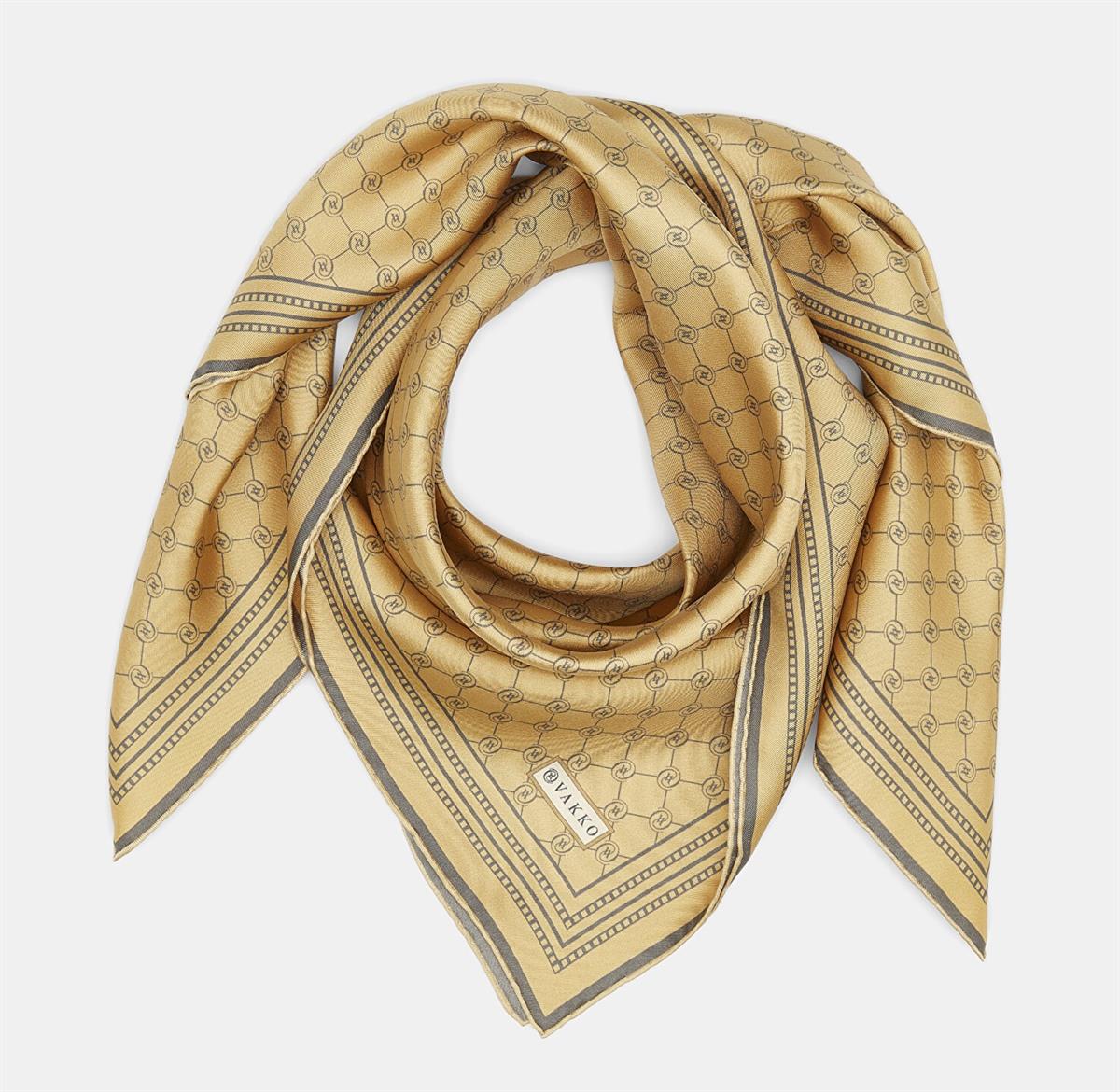 Vakko Tivil İpek Monogram Eşarp 37144-Camel Antrasit
